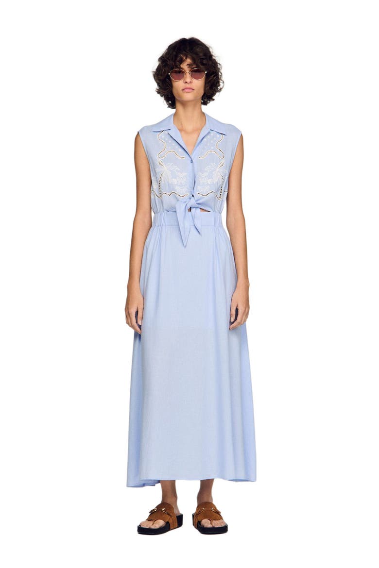Embroidered linen maxi dress, Alternate, color, Sky blue
