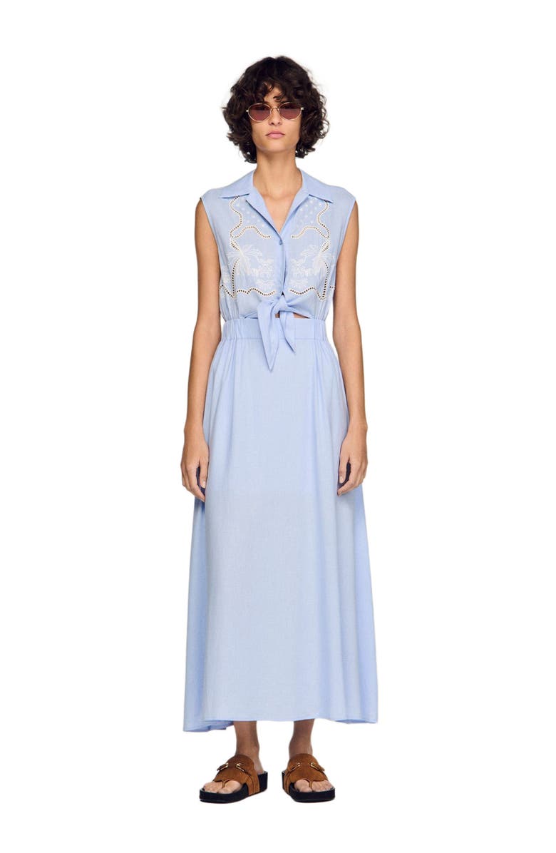 SANDRO Embroidered linen maxi dress, Alternate, color, Sky Blue