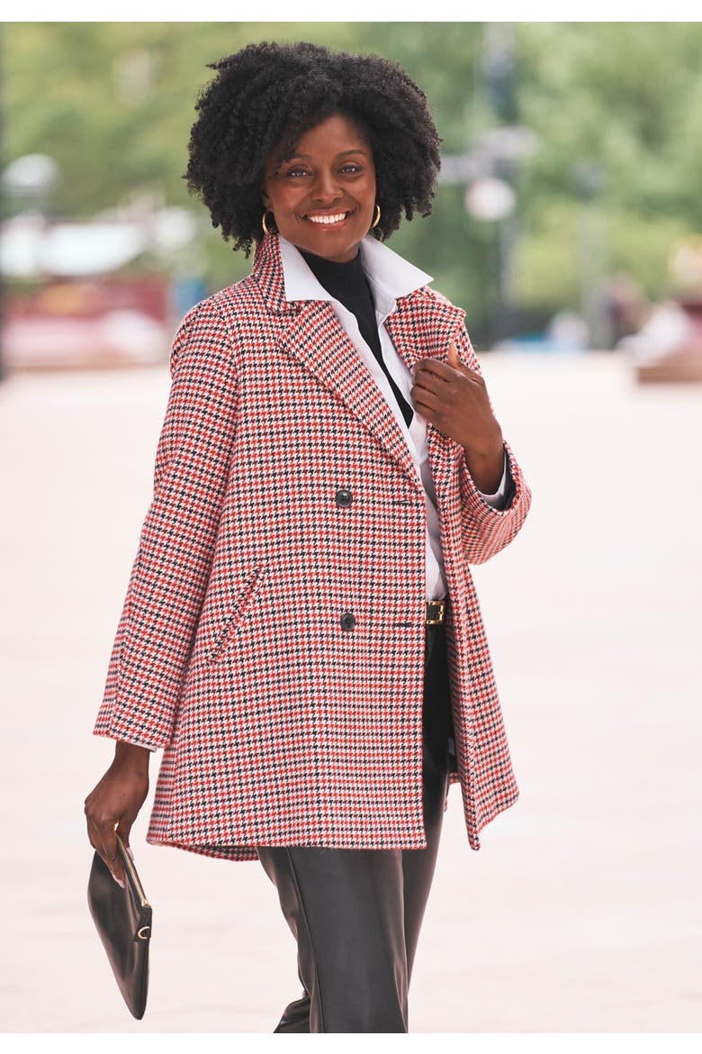 A Line Wool Peacoat, Alternate, color, RED BLACK MULTI HOUNDSTOOTH