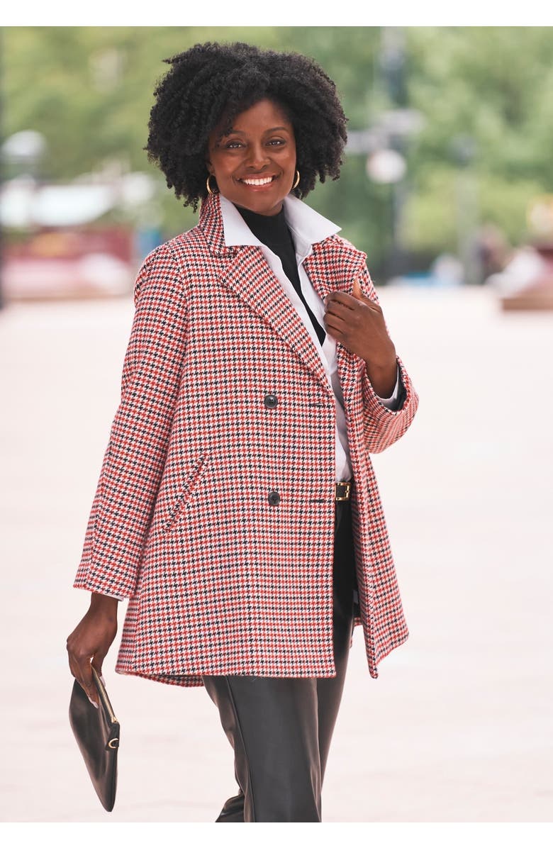 Jessica London A-Line Wool Peacoat, Alternate, color, Red Black Multi Houndstooth