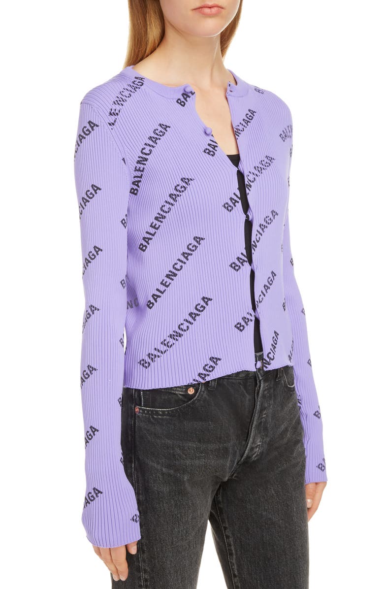 Balenciaga Logo Print Rib Knit Cardigan, Alternate, color, 