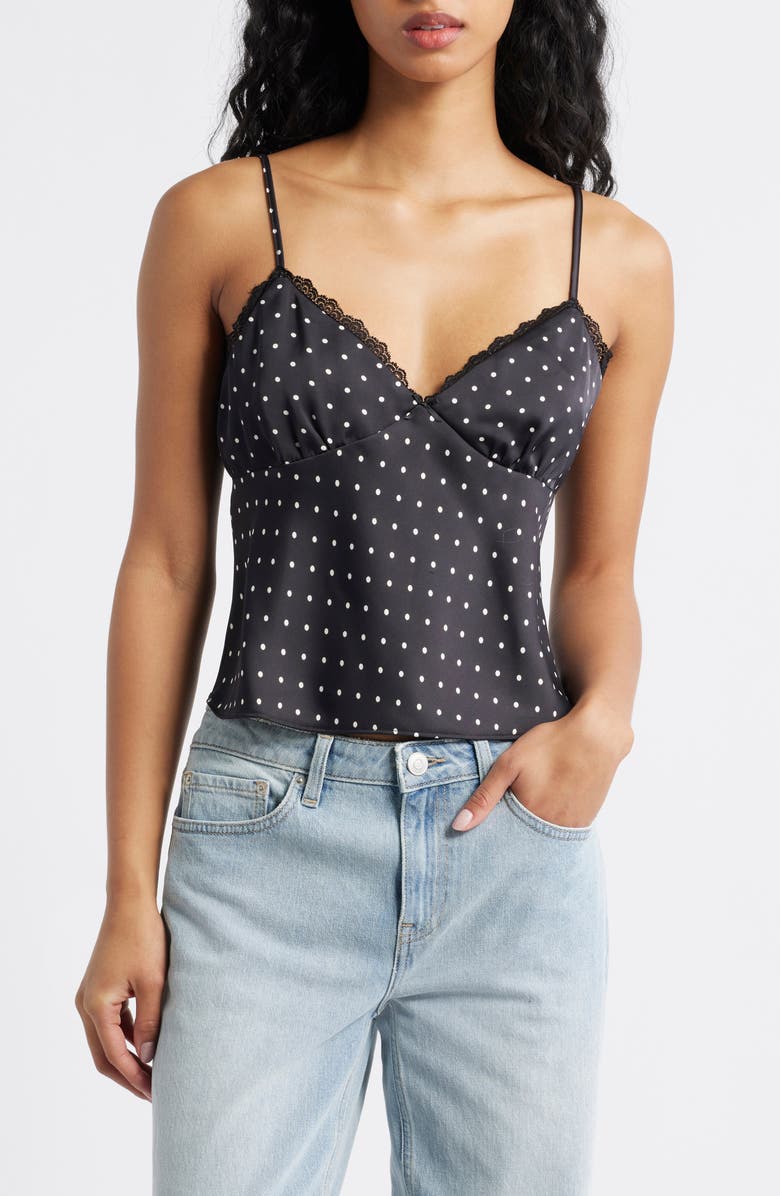 BP. Lace Trim Camisole, Main, color, Black Polka Dot