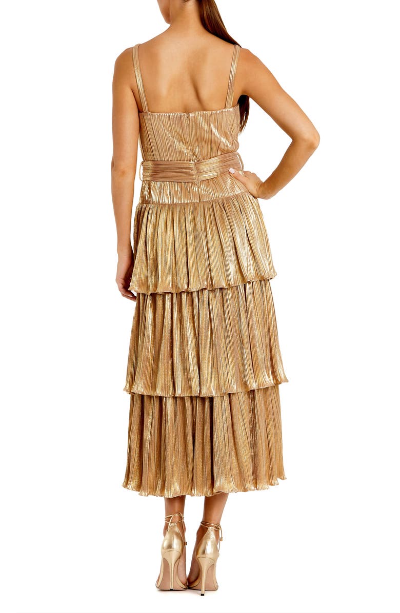 Mac Duggal Square Neck Metallic Plissé Dress with Buckle Detail, Alternate, color, Gold