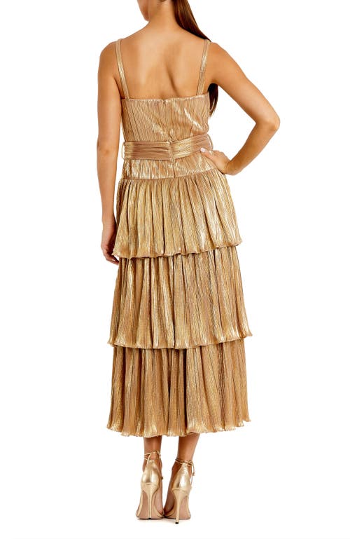 Mac Duggal Sleeveless Ruffle Tiered Metallic Buckle Midi Dress In Gold