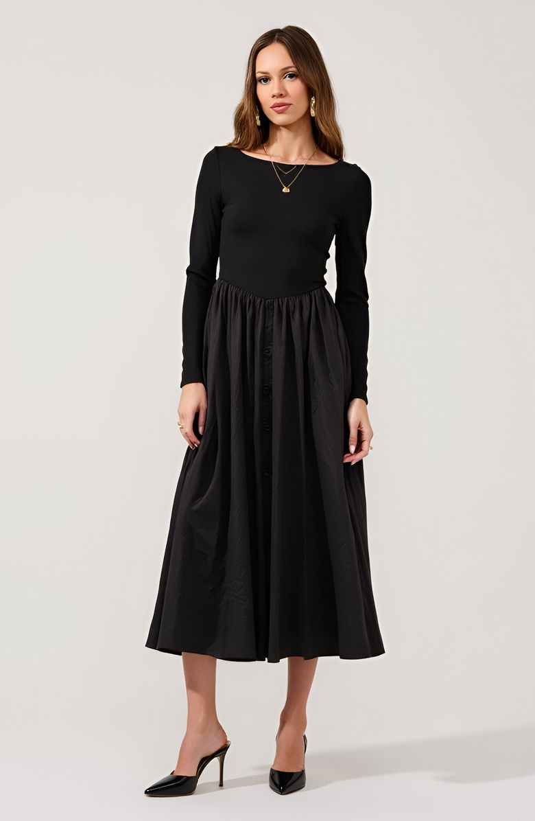 Modenaire Ribbed Maxi Dress with Boat Neck, V-Peaked Waist and Contrast Details, Main, color, 
