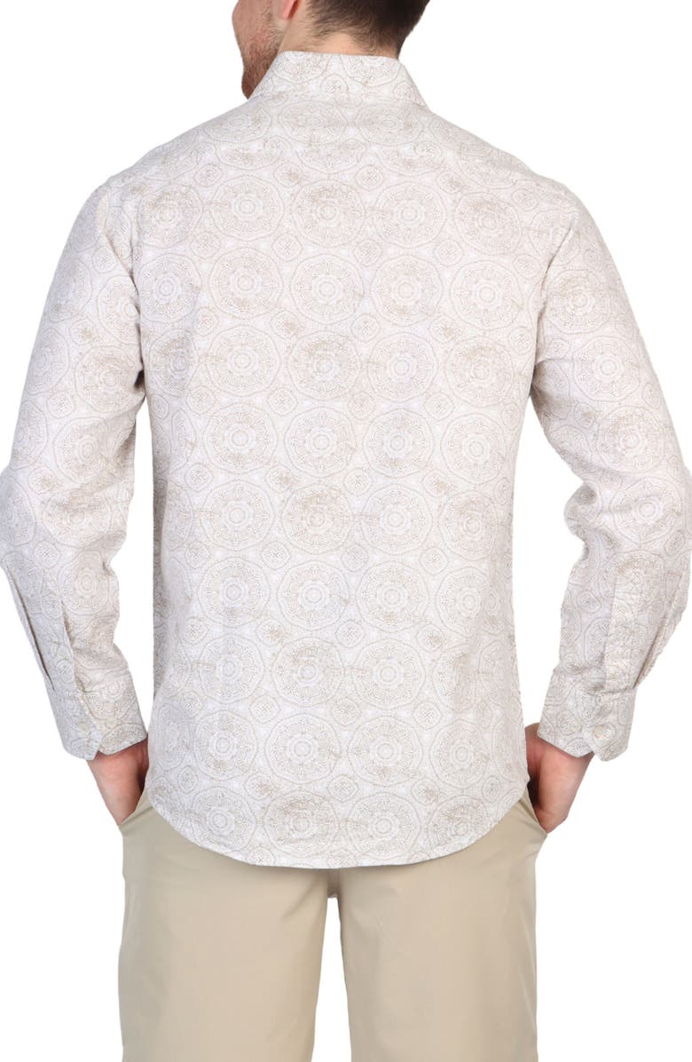 TailorByrd Batik Print Linen Blend Button-Down Shirt, Alternate, color, Dove White
