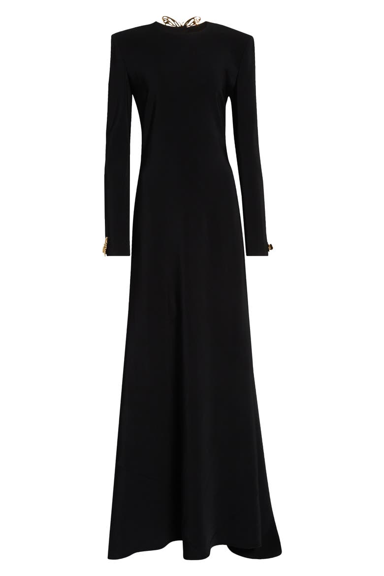 Butterfly Detail Long Sleeve Open Back Gown, Alternate, color, BLACK