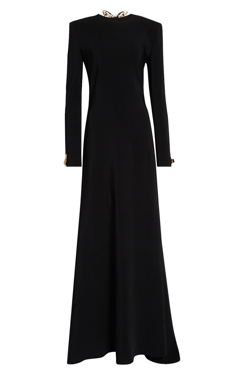 Oscar de la Renta Butterfly Detail Long Sleeve Open Back Gown, Alternate, color, Black