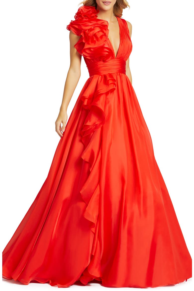 Ruffle Shoulder V-Neck Chiffon Gown, Main, color, CHERRY