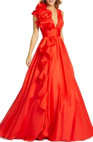 Mac Duggal Ruffle Shoulder V-Neck Chiffon Gown