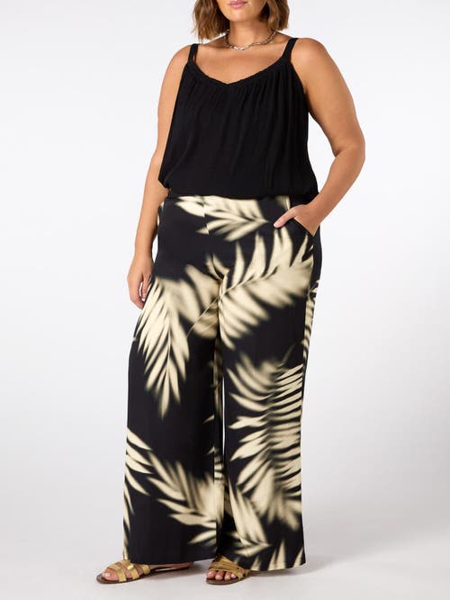 Live Unlimited Leaf Print Wide Leg Pull On Pants In Black