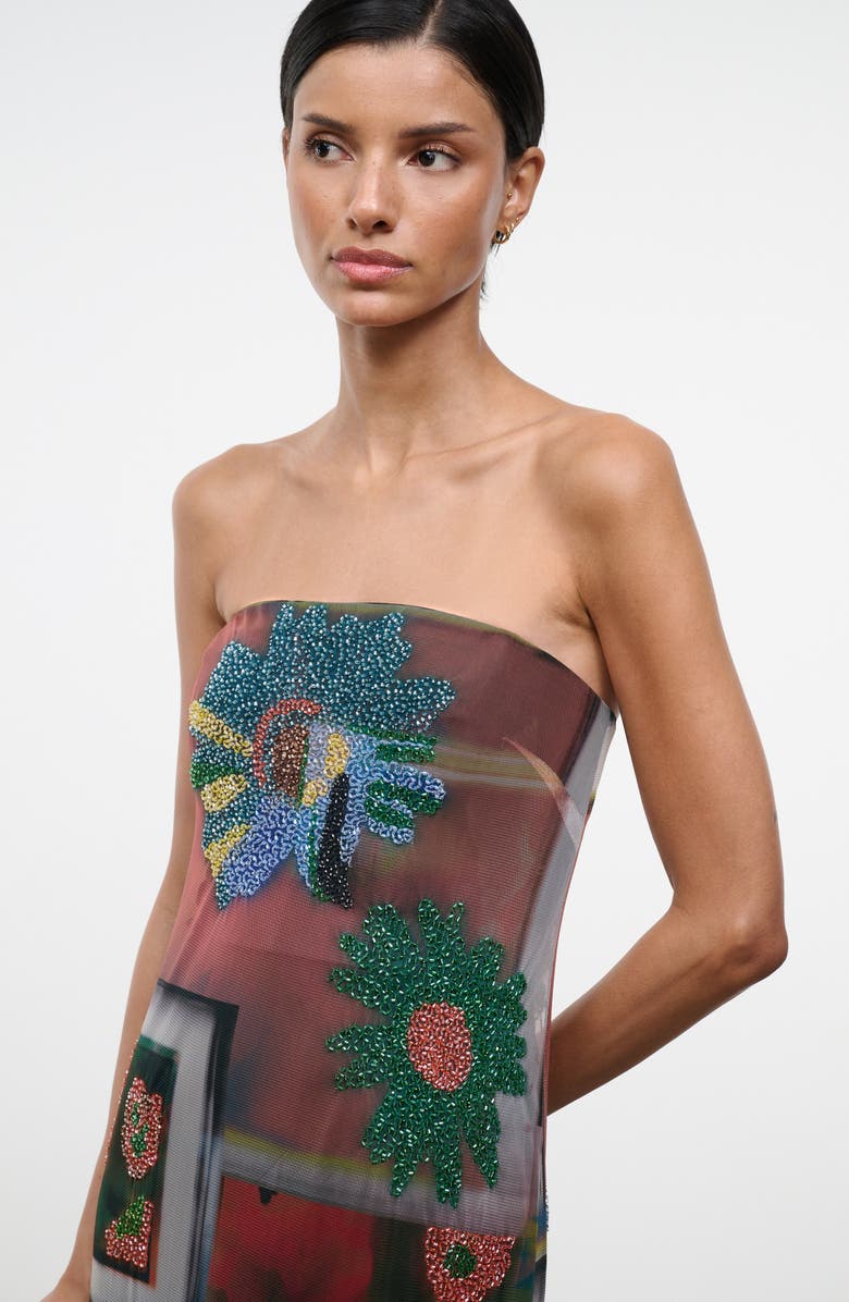 STAUD Lilian Floral Bead Detail Strapless Mesh Maxi Dress, Alternate, color, Superbloom