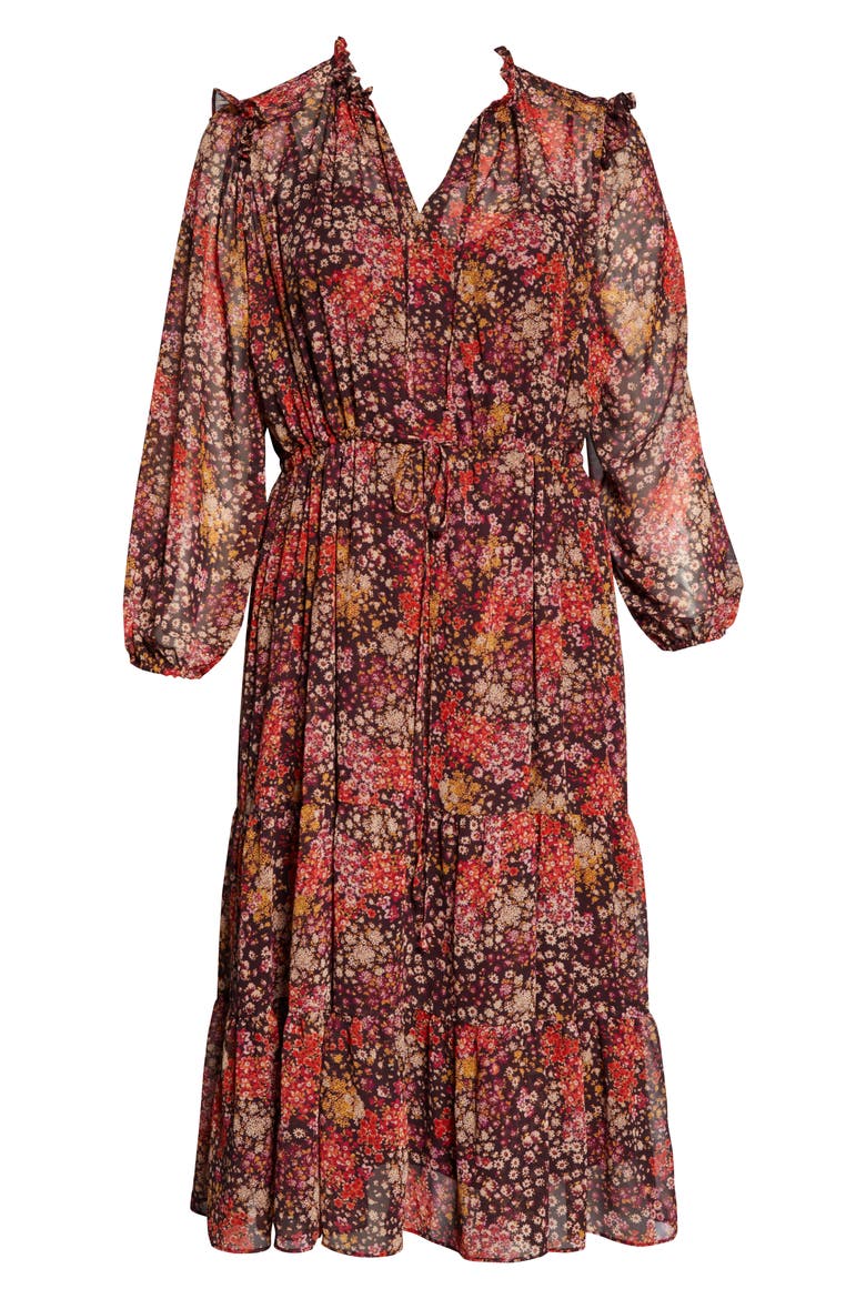Tiered Long Sleeve Tie Waist Dress, Alternate, color, BROWN MULTI