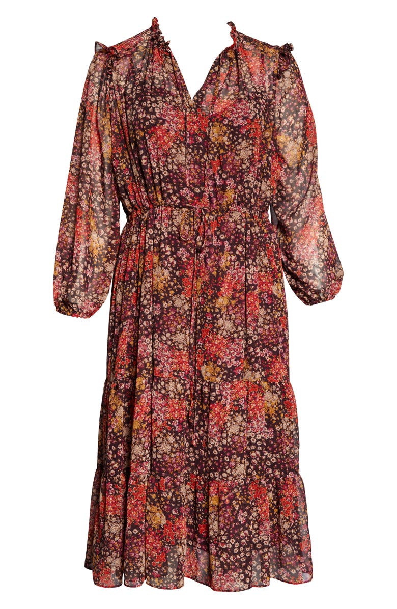 Julia Jordan Tiered Long Sleeve Tie Waist Dress, Alternate, color, Brown Multi