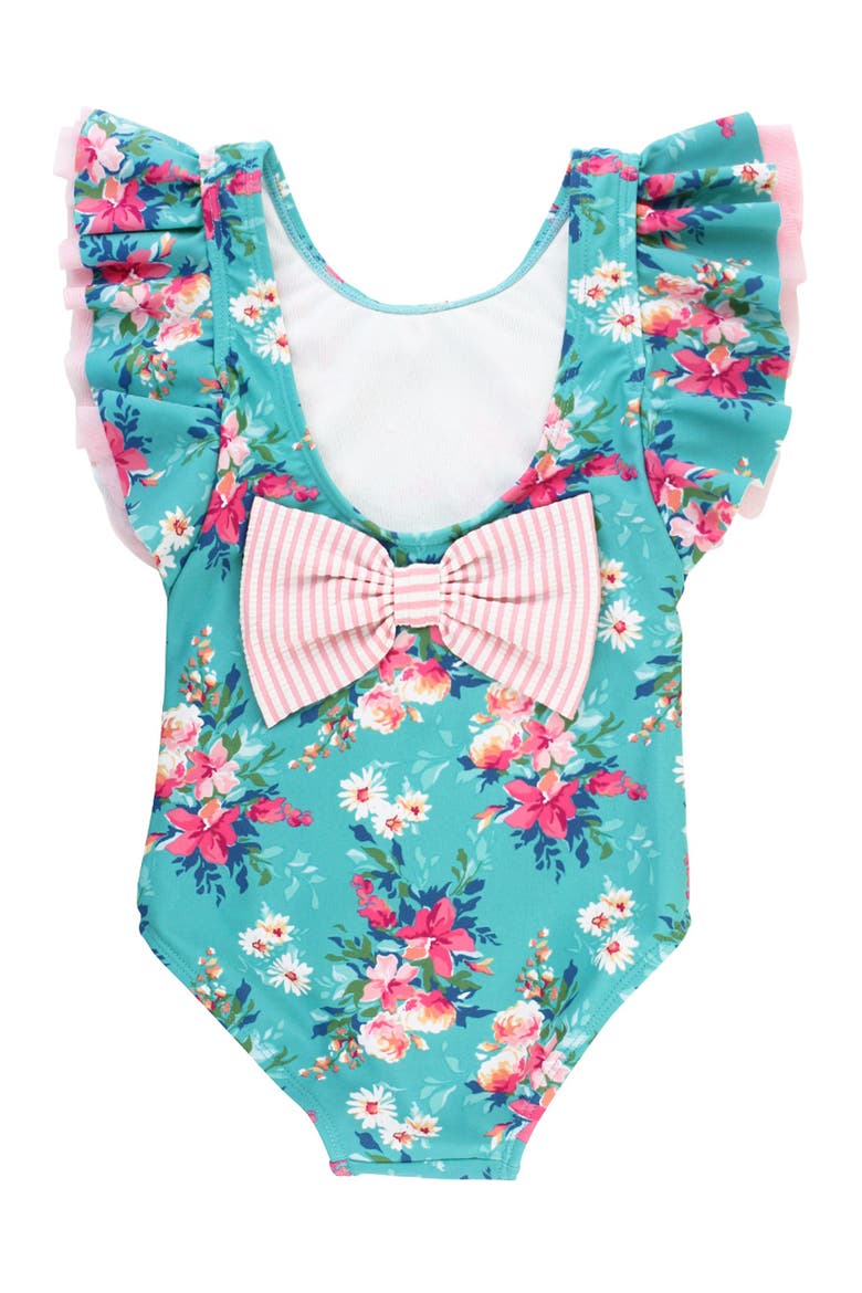 Kids' Fancy Me Floral Butterfly Sleeve One-Piece Swimsuit, Alternate, color, TEAL BLUE