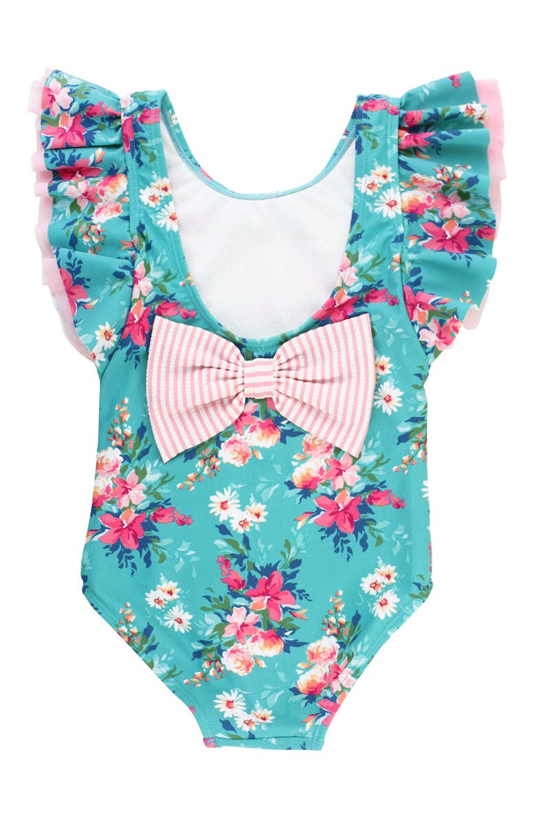 RuffleButts Kids' Fancy Me Floral Butterfly Sleeve One-Piece Swimsuit, Alternate, color, Teal Blue