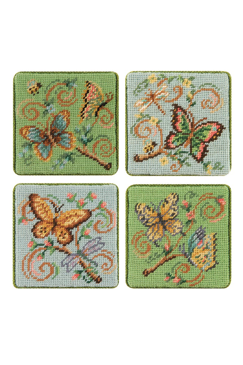 Butterfly Garden Petite Point Coaster Tabletop Drink Sitter, Main, color, Green