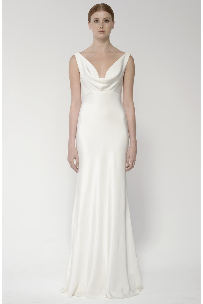 Draped Neck Silk Crepe Wedding Dress, Alternate, color, SILK WHITE