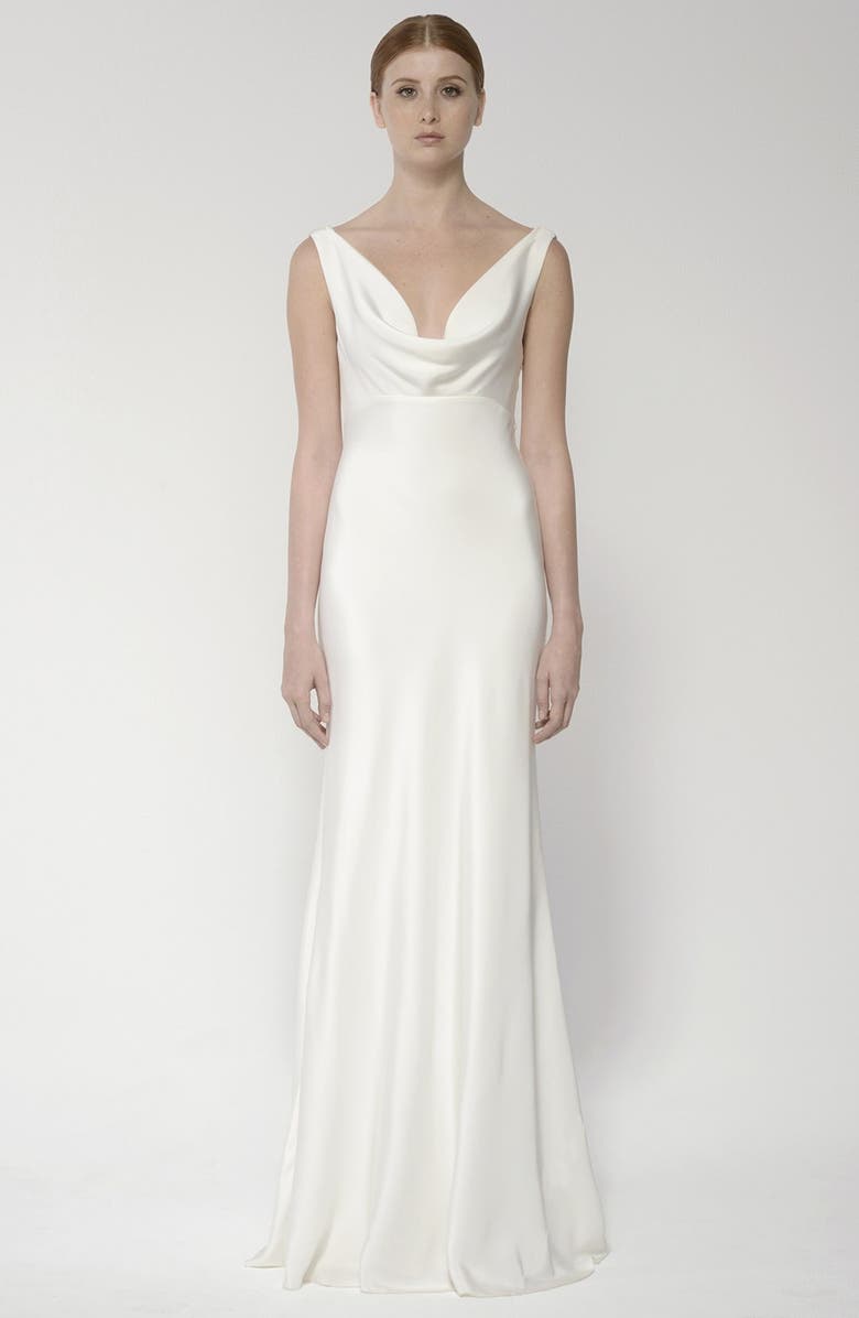 BLISS Monique Lhuillier Draped Neck Silk Crepe Wedding Dress, Alternate, color, 