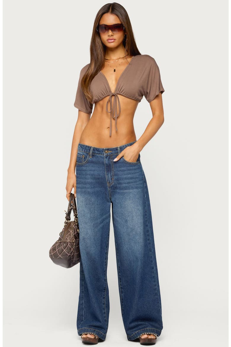 Micky Tie Front V-Neck Crop Top, Alternate, color, BROWN