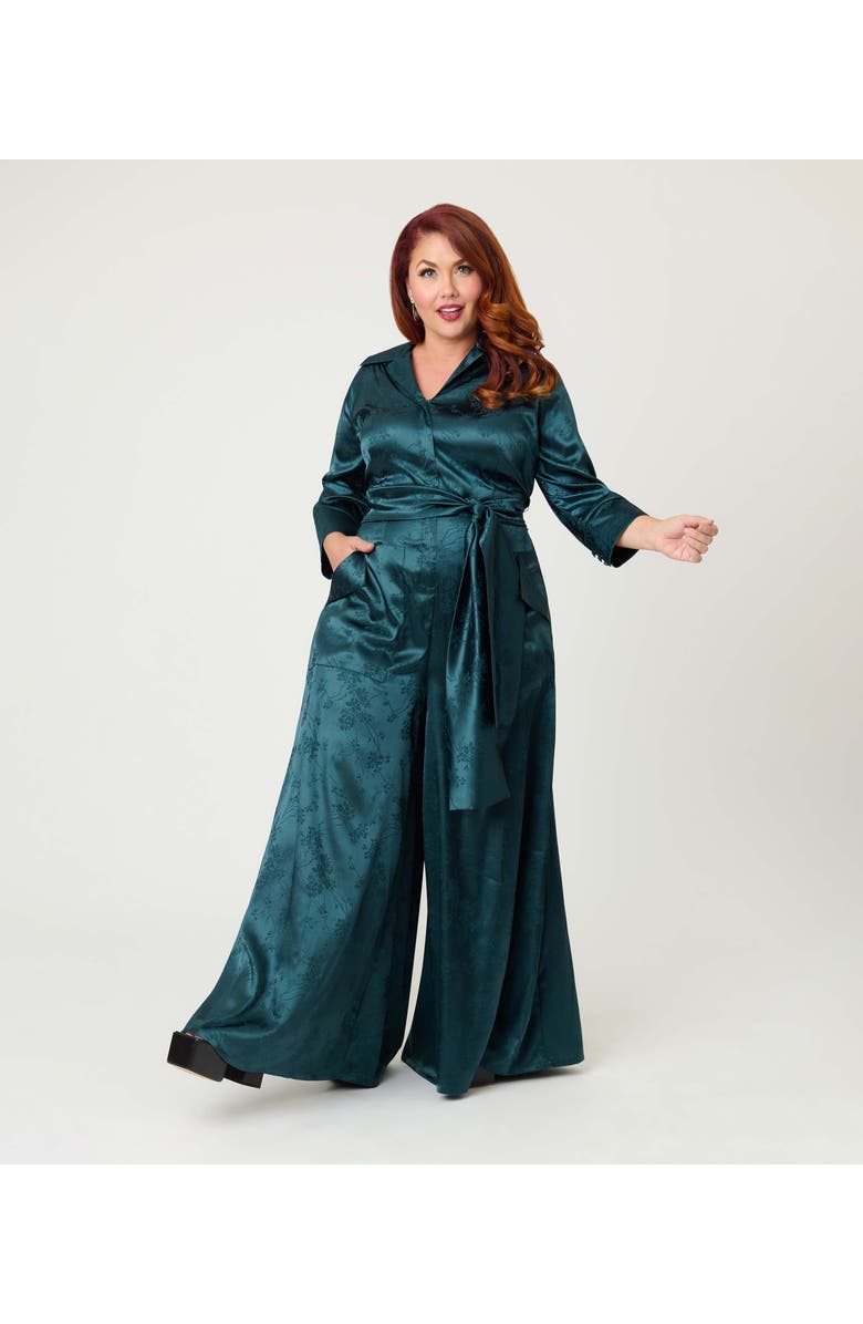 Unique Vintage Plus Size 1970s Satin Flare Jumpsuit, Main, color, Teal Jacquard