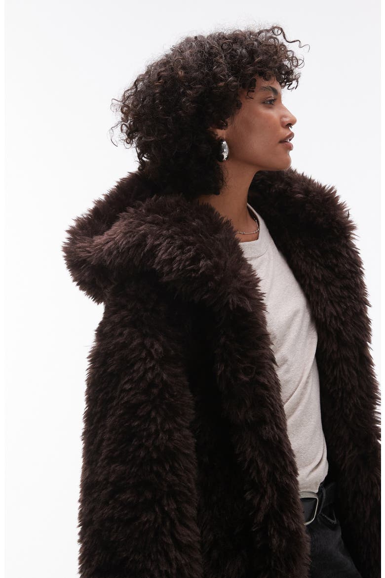 Faux Fur Hooded Long Coat, Alternate, color, BROWN