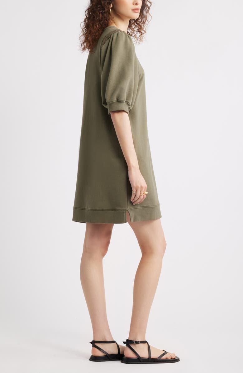 Treasure & Bond Lace Inset Puff Sleeve Cotton Blend Sweatshirt Dress, Alternate, color, Olive Kalamata