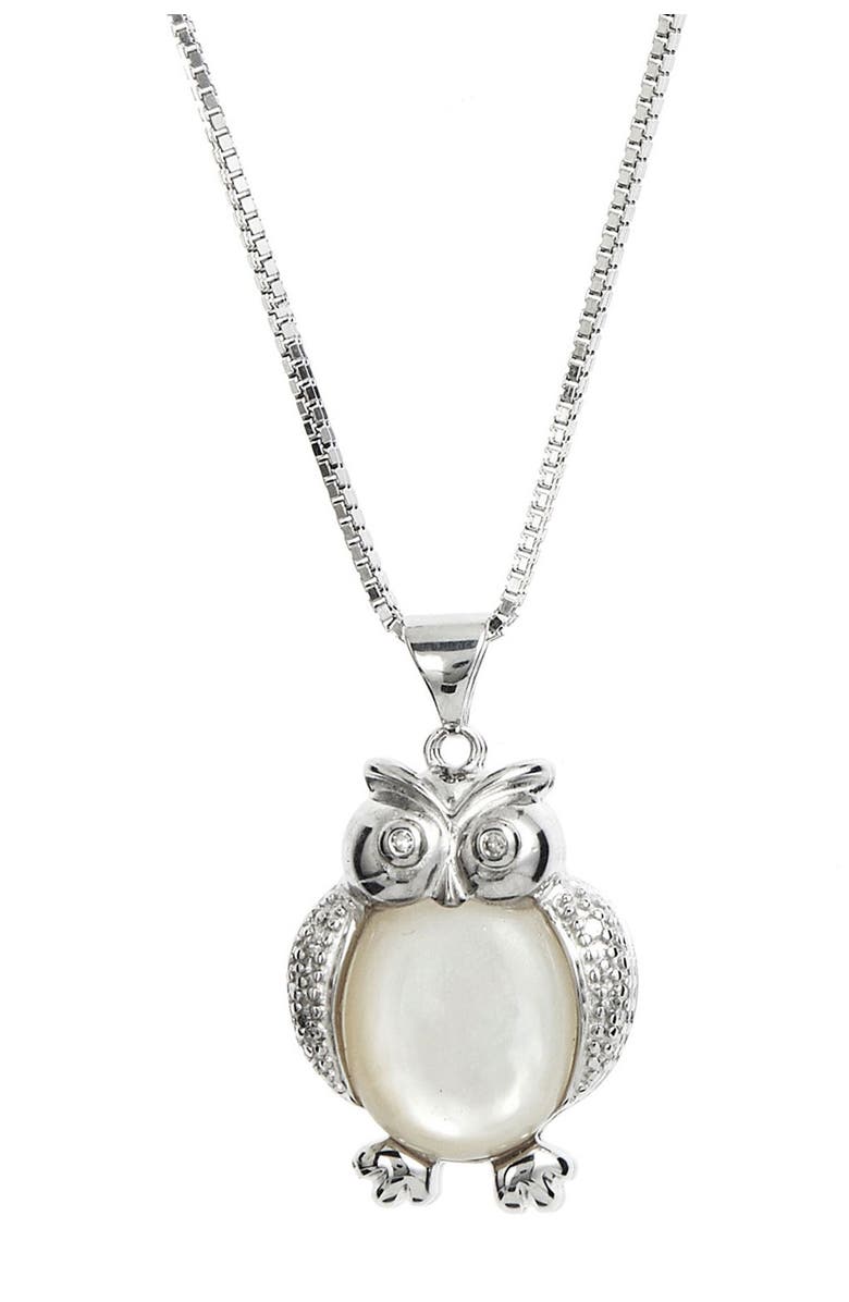 SAVVY CIE JEWELS Sterling Silver Diamond & Mother of Pearl Owl Necklace, Main, color, 