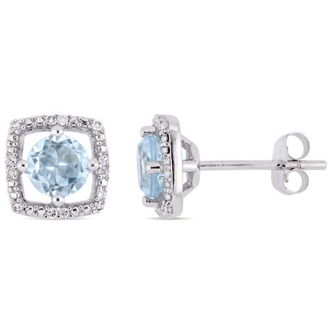 Gemstone & Diamond Square Halo Earrings 10k