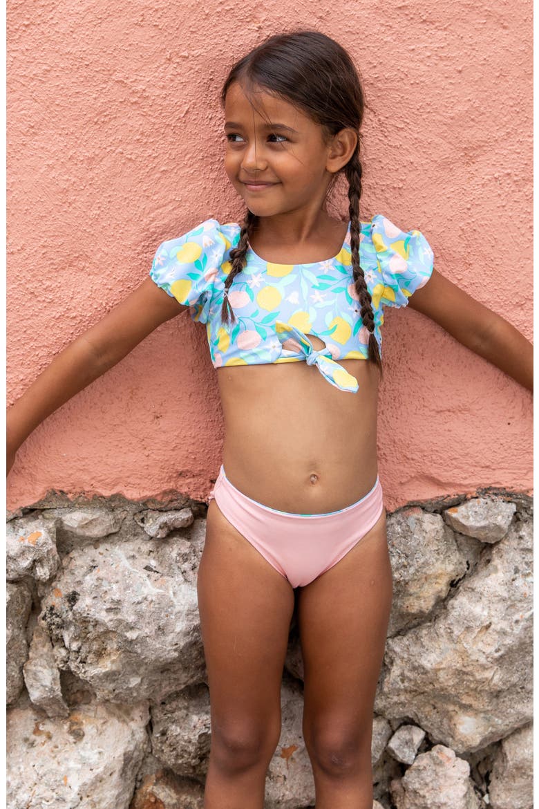 Kids' Lemon Drops Puff Sleeve Knot Front Two-Piece Swimsuit, Alternate, color, BLUE MULTI