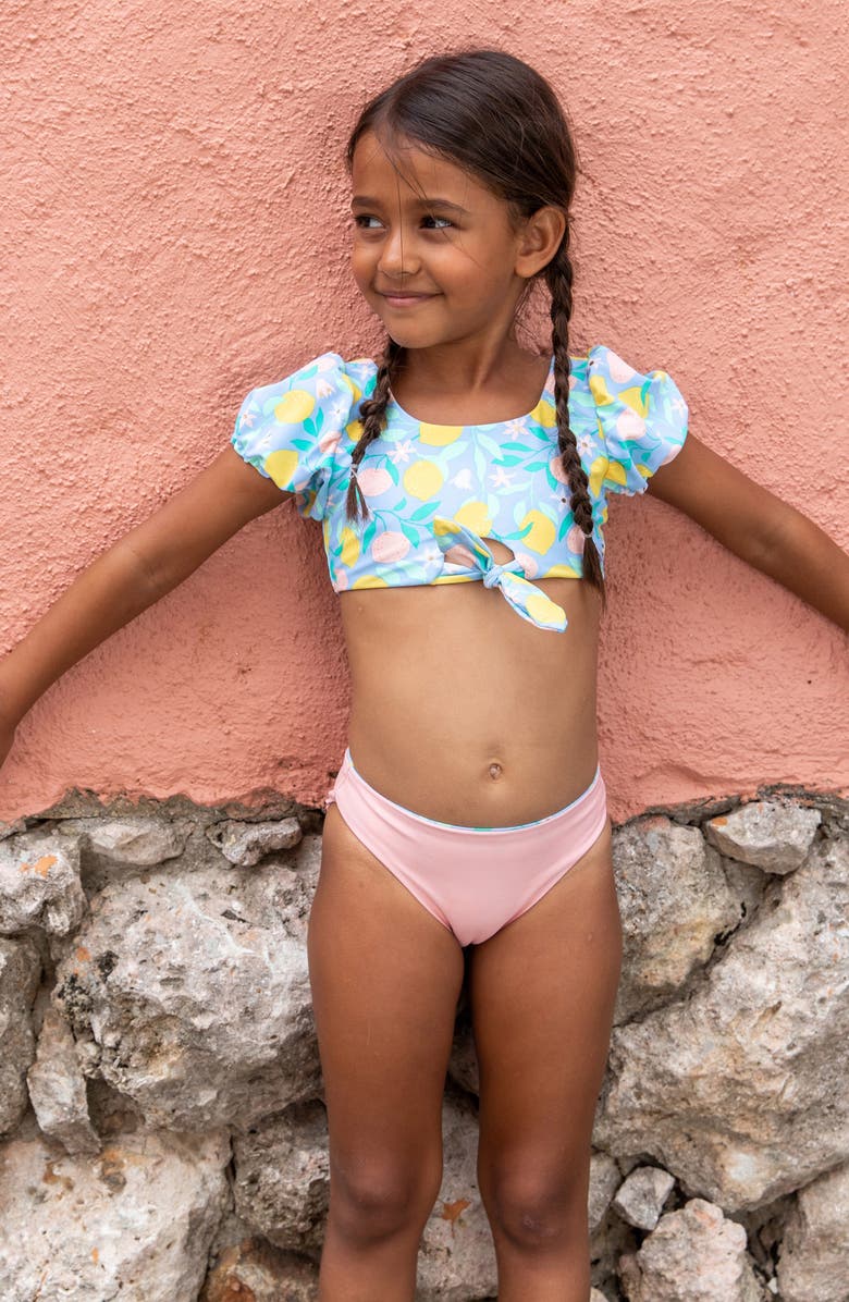 Snapper Rock Kids' Lemon Drops Puff Sleeve Knot Front Two-Piece Swimsuit, Alternate, color, Blue Multi