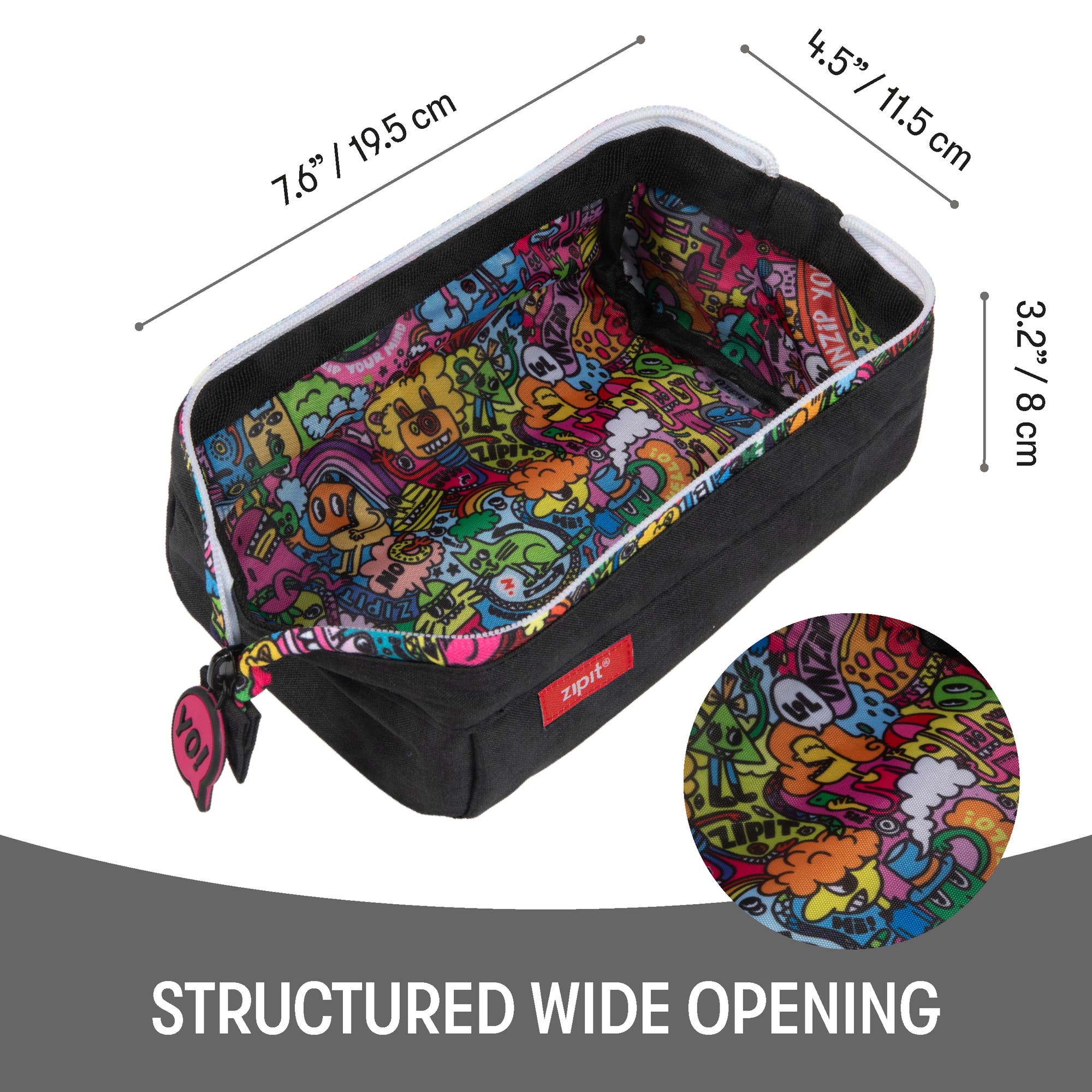 ZIPIT Lenny Pencil Case, Black & Doodles, Large Storage Capacity Zipper Pouch, Alternate, color, Black