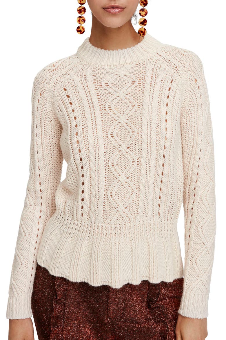 Chunky Cable Knit Peplum Sweater, Main, color, OFF WHITE