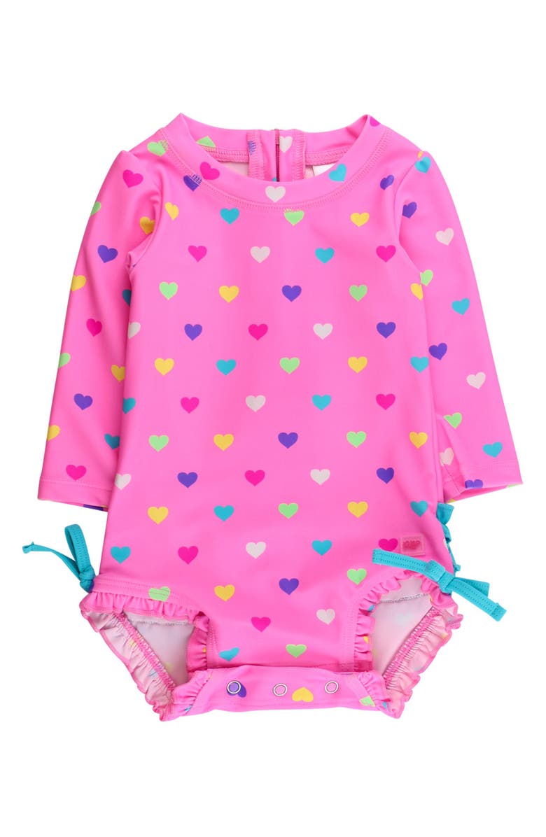 RuffleButts UPF50+ Sun Protected Neon Long Sleeve One Piece Rash Guard Swimsuit, with Signature Rear Ruffles, Main, color, Neon Pink Colorful Hearts