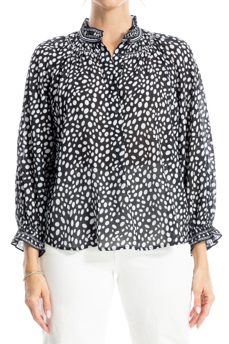 Ruffle Collar Puff Shoulder Top, Main, color, BLACK/ ECRU OVALS