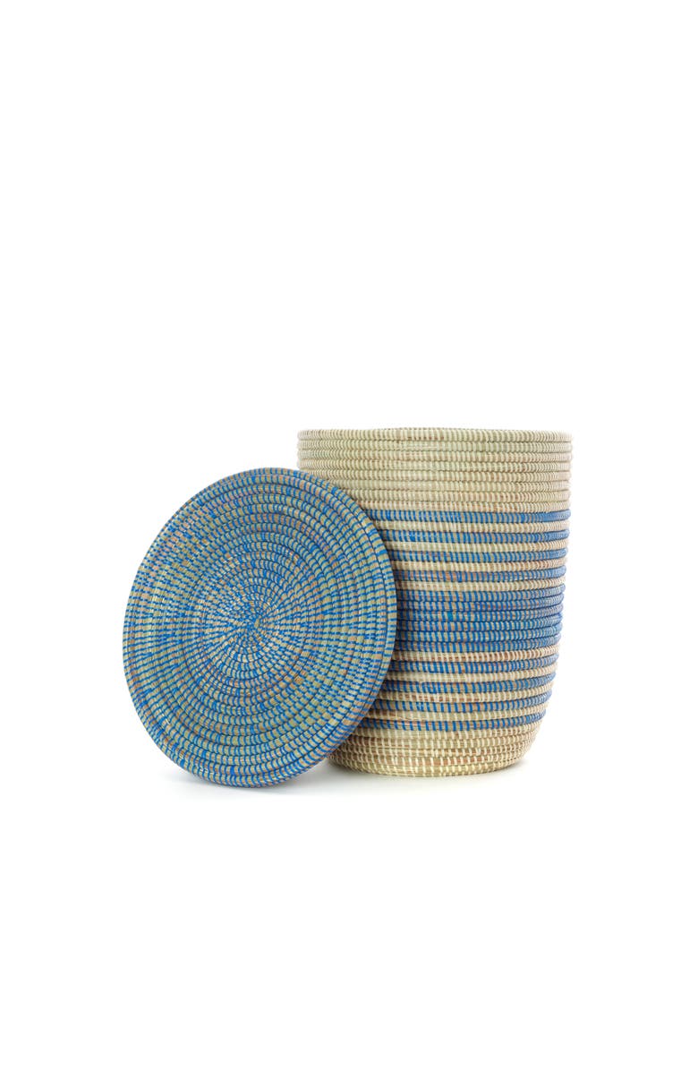 African Modern Set of Three Blue Ebb & Flow Striped Hampers, Alternate, color, Blue