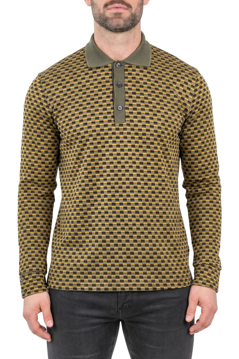 Long Sleeve Check Print Knit Polo, Main, color, YELLOW