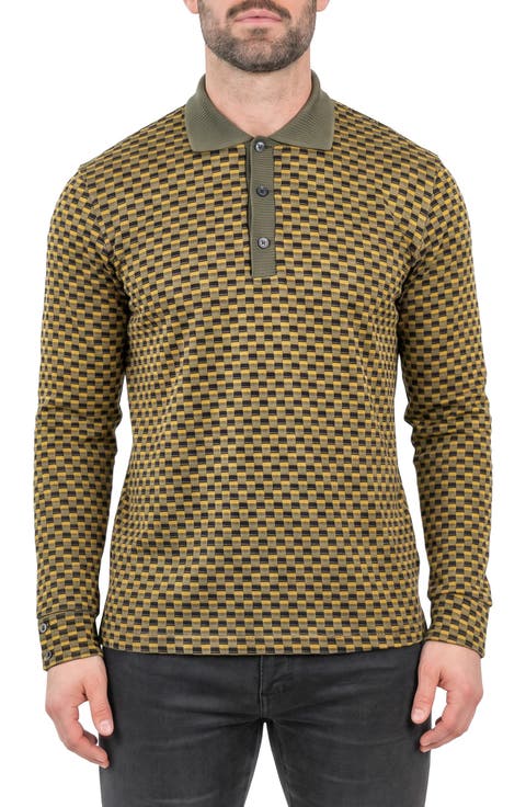 Long Sleeve Check Print Knit Polo