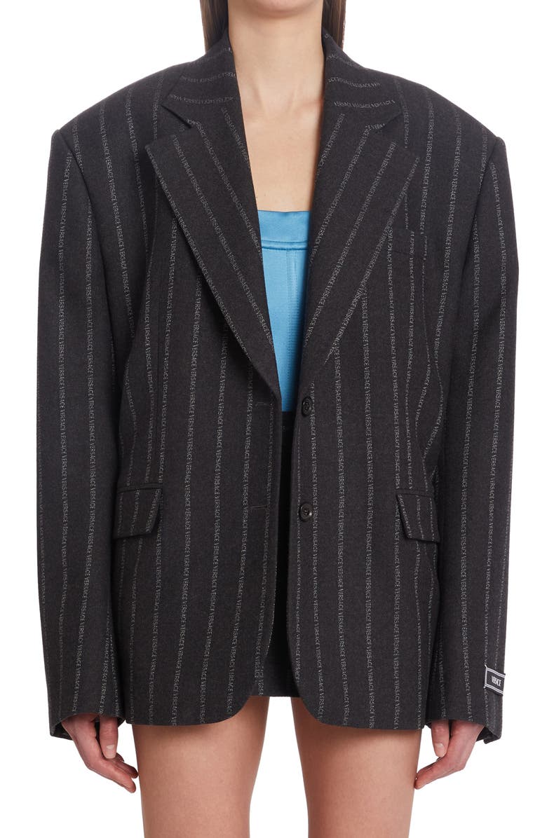 Versace Logo Pinstripe Oversize Single Breasted Virgin Wool & Cotton Blazer, Main, color,
