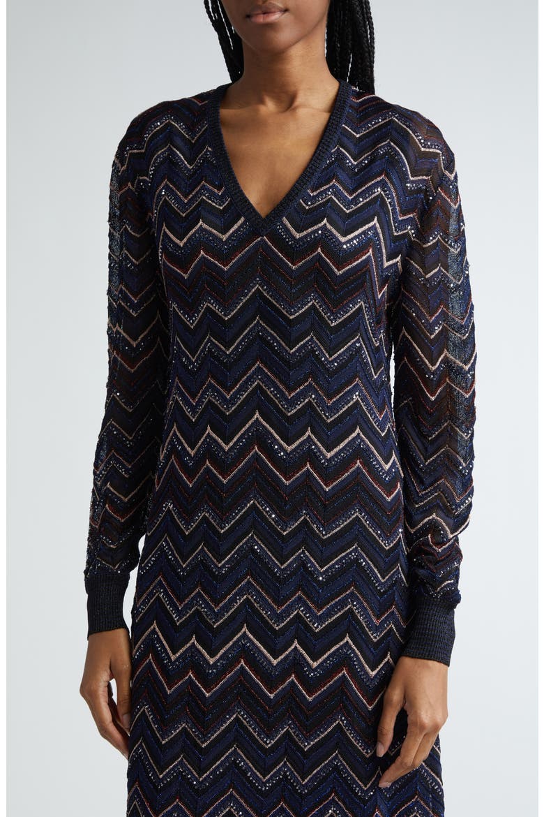 Sparkly Sequin Long Sleeve Shimmer Chevron Knit Maxi Dress, Alternate, color, MULTICOLOR DARK BLUE TONES