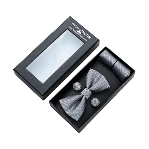 Moustache Crosshatch Bow Tie Set In Silver