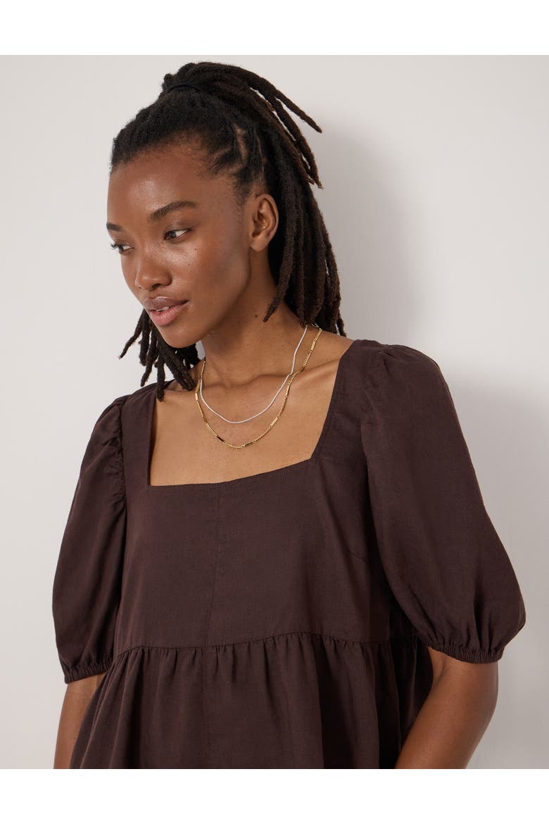 Alva Puff Sleeve Linen Beach Top, Alternate, color, Dark Brown