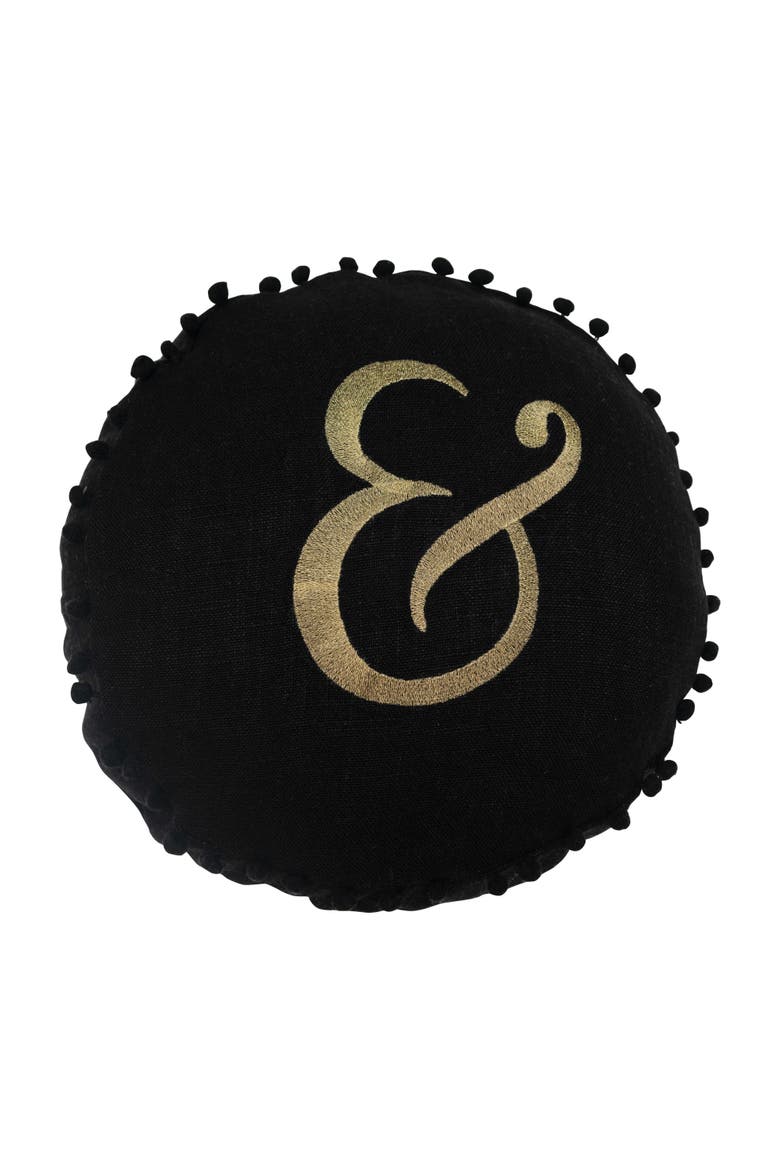 16" Round Embroidered Pillow with Pom Pom Trim "&" Design in Gold Script, Main, color, Black