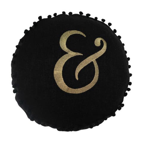 16" Round Embroidered Pillow with Pom Pom Trim "&" Design in Gold Script