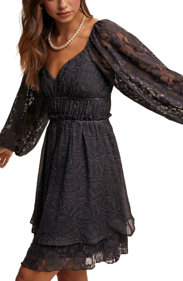 Knit and Lounge Lace Long Sleeve Ruffle Layer Mini Dress, Alternate, color, Black