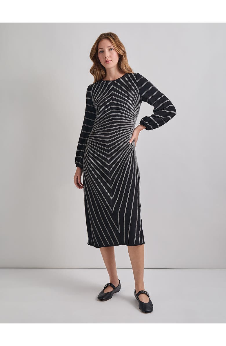 Misook A-Line Melange Striped Soft Knit Midi Dress, Main, color, Black/New Ivory