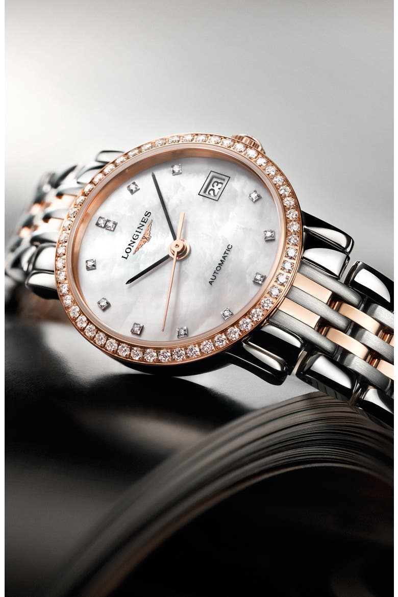 Elegant Automatic Diamond Bracelet Watch, 25.5 mm, Alternate, color, SILVER/ MOP/ ROSE GOLD