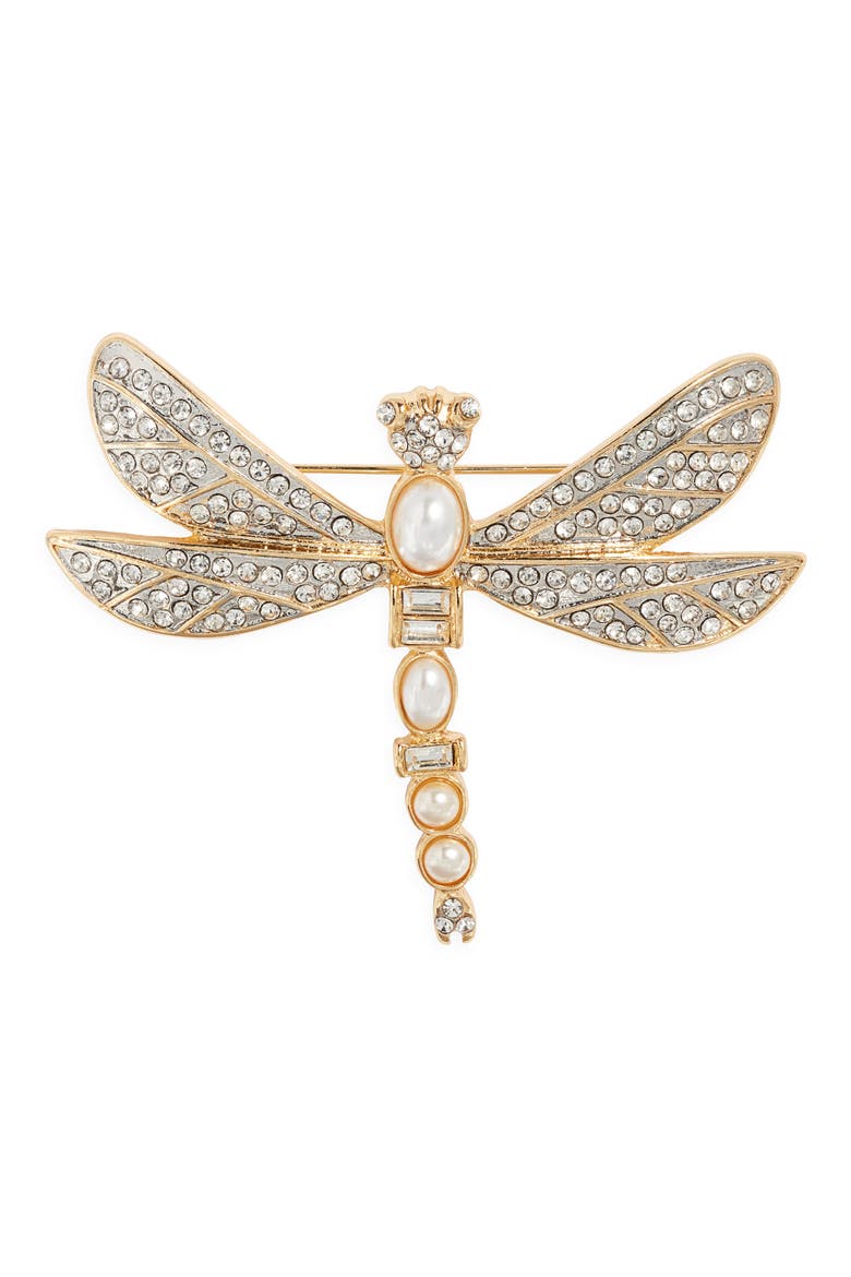 Faux Pearl Dragonfly Pin, Main, color, GOLD