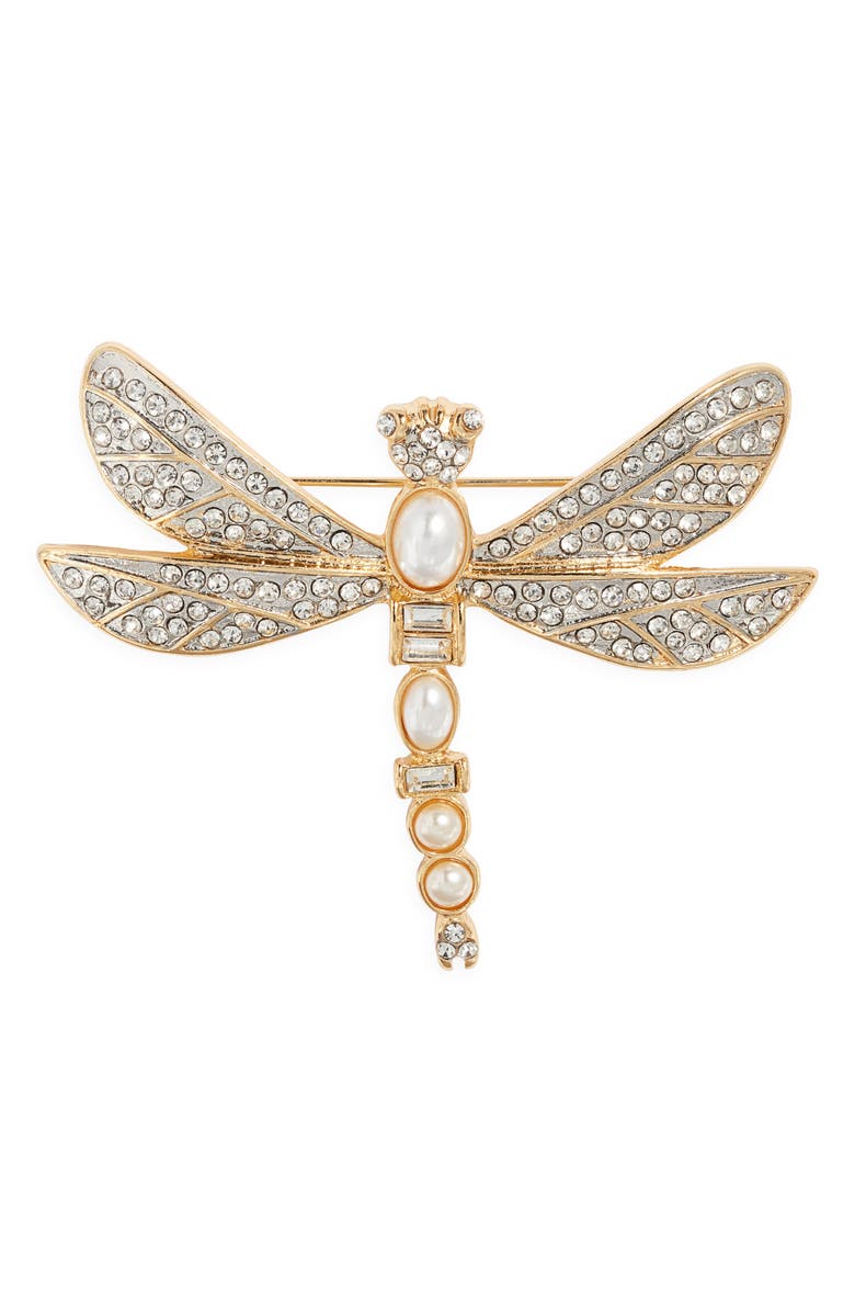 Kenneth Jay Lane Faux Pearl Dragonfly Pin, Main, color, Gold