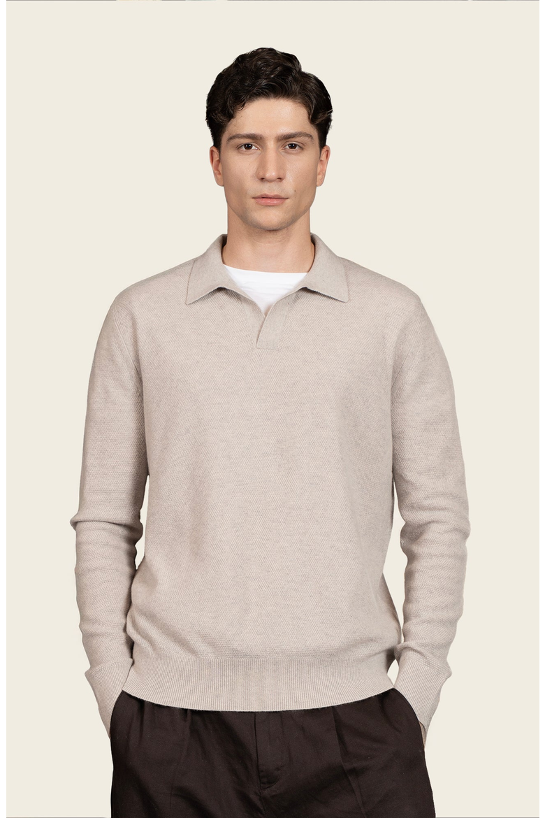 Olivier Birdseye Cashmere Long Sleeve Polo, Main, color, Toasted Oat